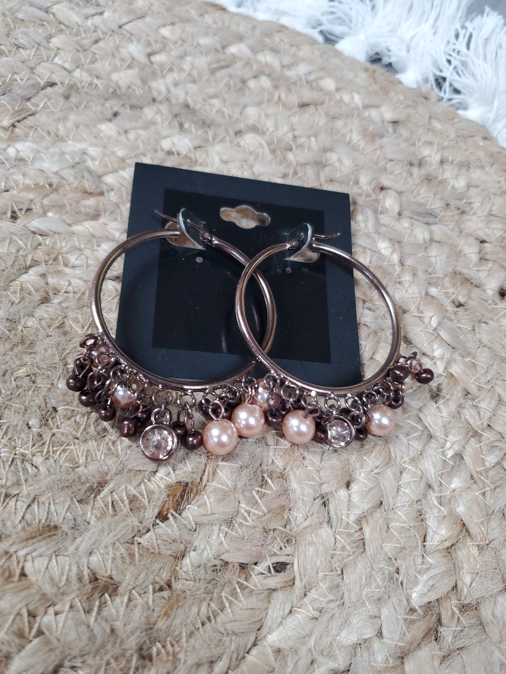 Hoop Earrings with Pearl and Crystal Charms - Gold Tone